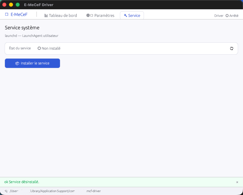 GUI — onglet Service avec gestion launchd/systemd